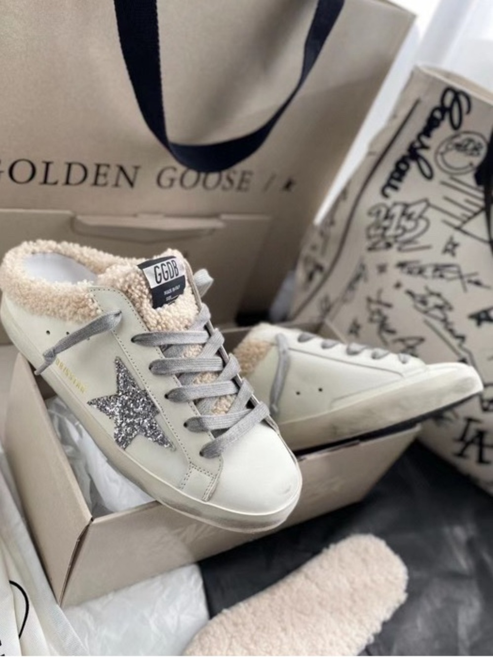 Golden Goose White Sneakers with Silver Glitter Star and Shearling Collar